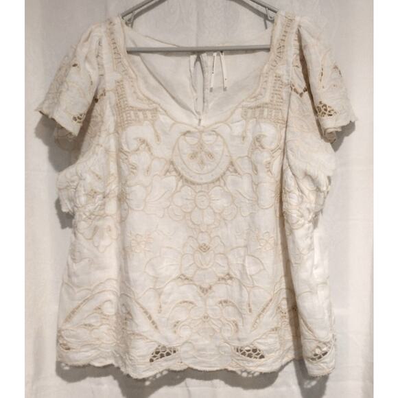 Anthropologie Tops - Anthropologie XL Lainie Embroidered Lace Cutwork Blouse Cream Boho Chic Coastal